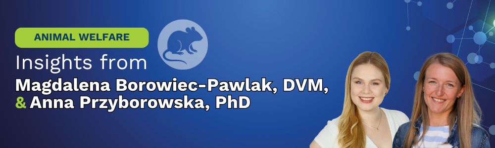 Animal welfare insights from Magdalena Borowiec-Pawlak, DVM, and Anna Przyborowska, PhD. Headshot of Magdalena and Anna in front of an abstract royal blue neuron background with a rodent icon.
