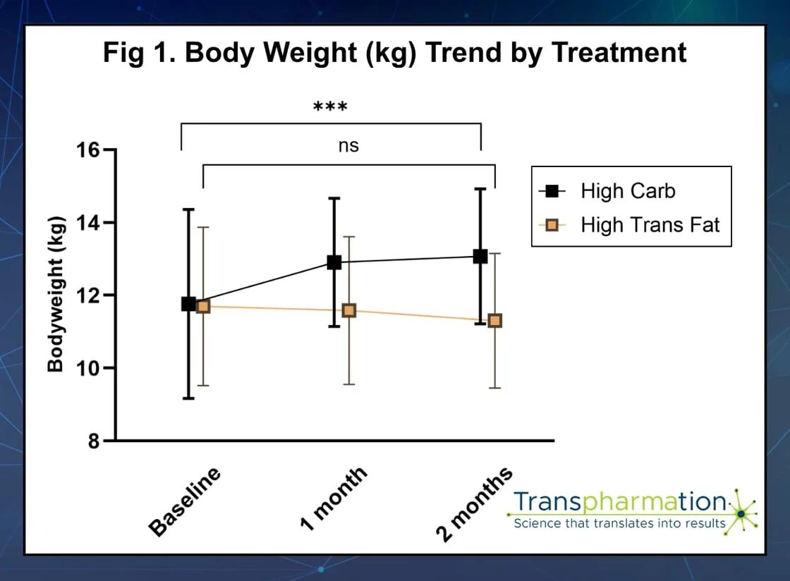 Body Weight (kg) Trend by Treatment (High Carb and High Trans Fat over 2 months)