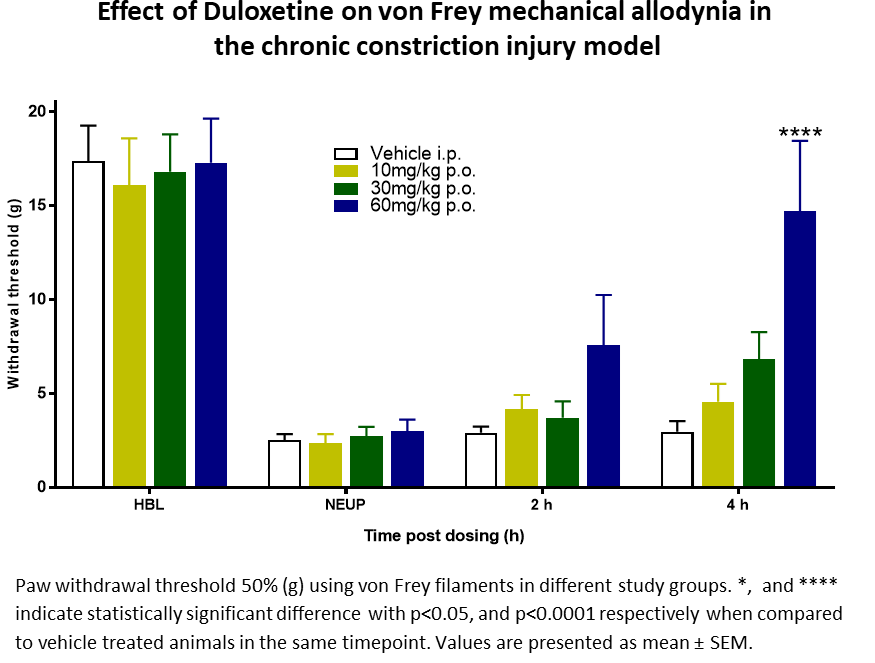 Duloxetine effects chart showing pain relief in nerve ligation model
